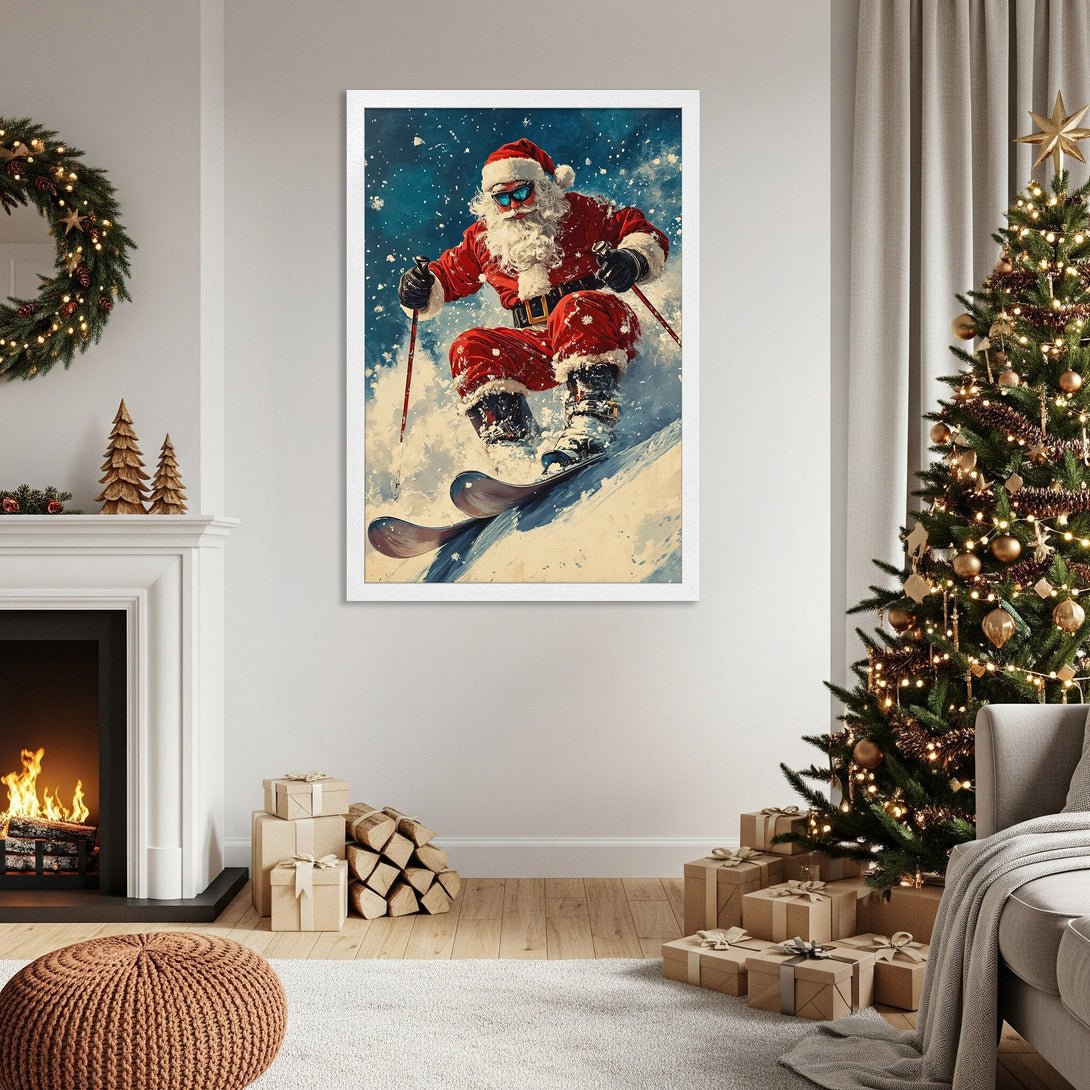 Framed Poster featuring Santa skiing in a vibrant, watercolor style. Festive red & blue color palette, perfect for holiday decor.