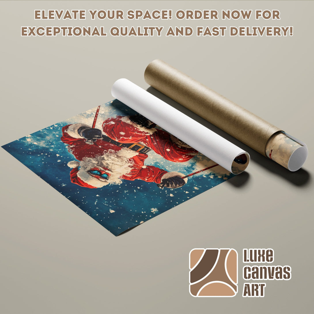 Poster Roll featuring Santa skiing, vibrant colors, and wintery style. Order yours today!