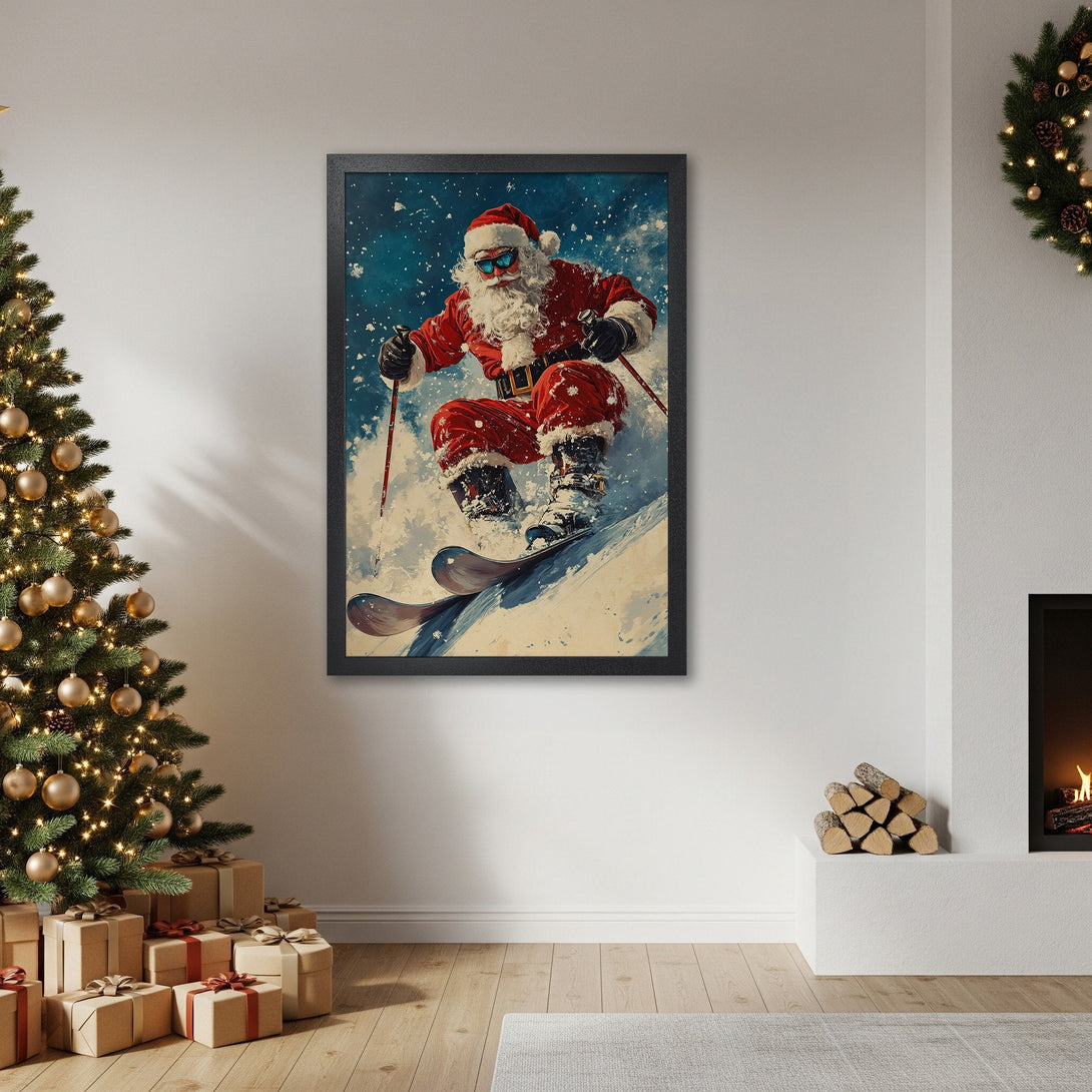 Framed Poster featuring Santa skiing, vibrant red and blue palette, perfect Christmas decor.