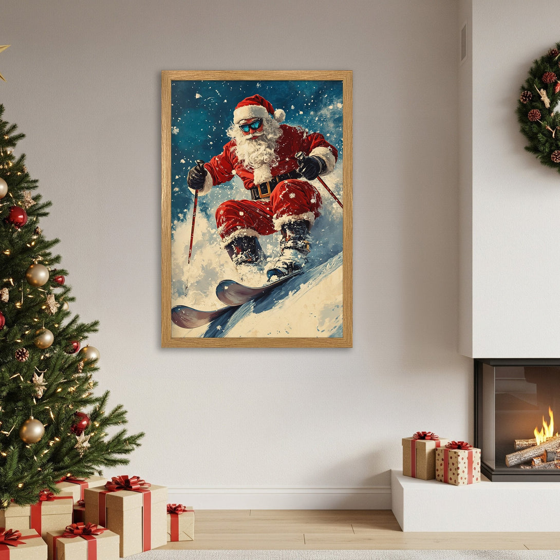 Framed Poster of Santa skiing in a winter scene. Festive art with a red, blue, and white color palette. Perfect Christmas decor!