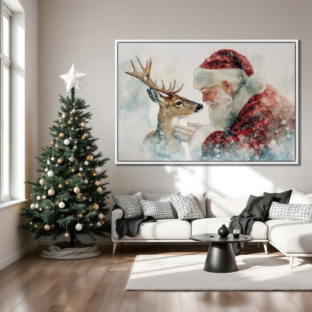 Framed Wall Art of Santa & deer in watercolor style. Warm red, white, and neutral tones create a cozy Christmas scene. Perfect holiday decor!