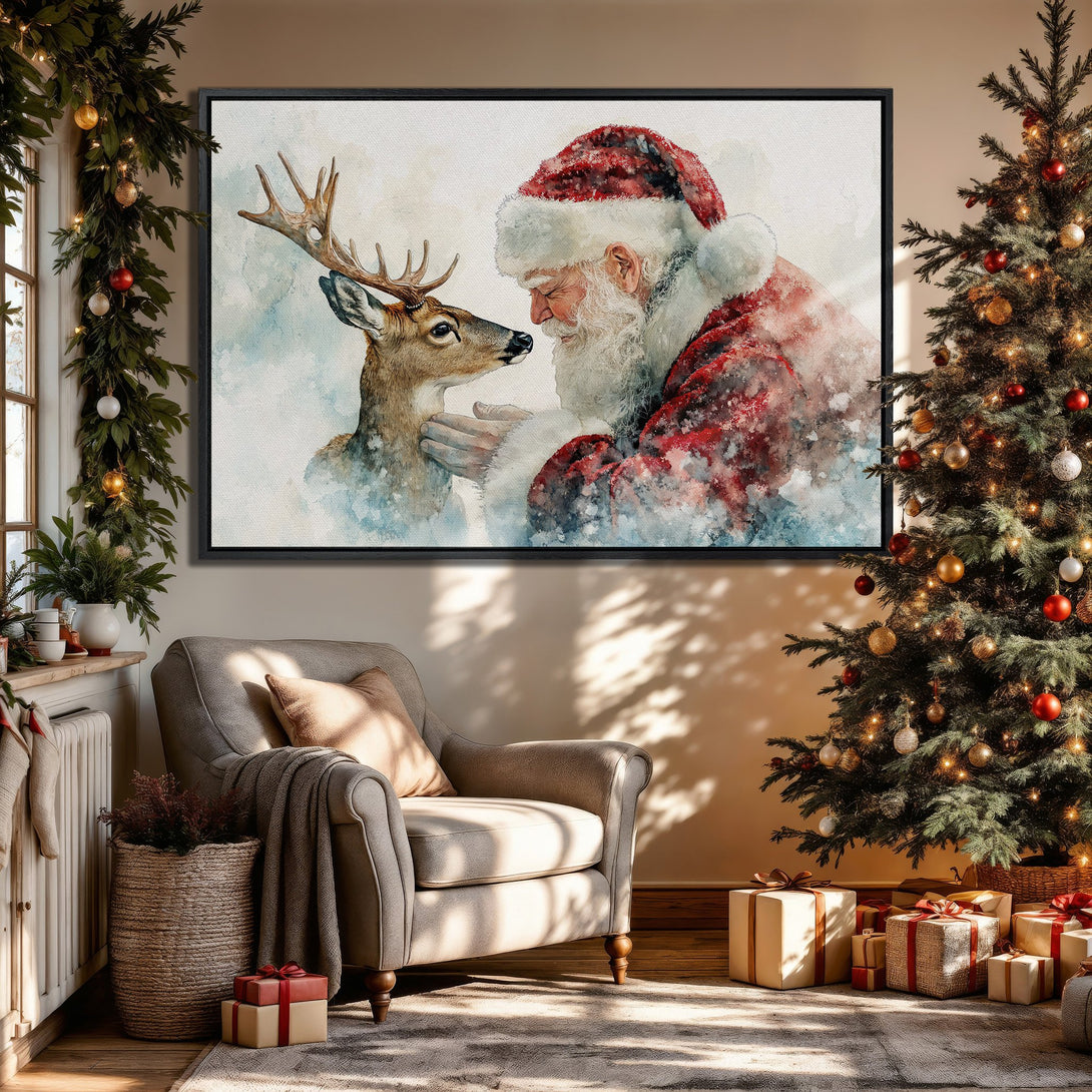 Framed Wall Art: Watercolor Santa and deer in a warm, inviting interior. Featuring a festive red, white, and neutral color palette, perfect for holiday decor.