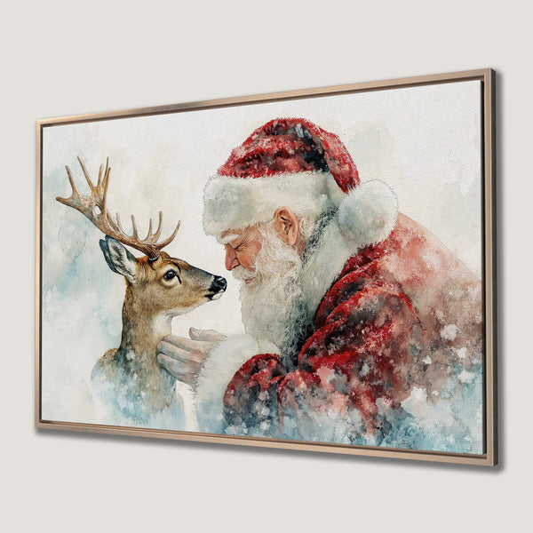 Framed Wall Art: Watercolor Santa Claus and deer. Festive art with red, white, and blue hues. Perfect Christmas decor for your home.