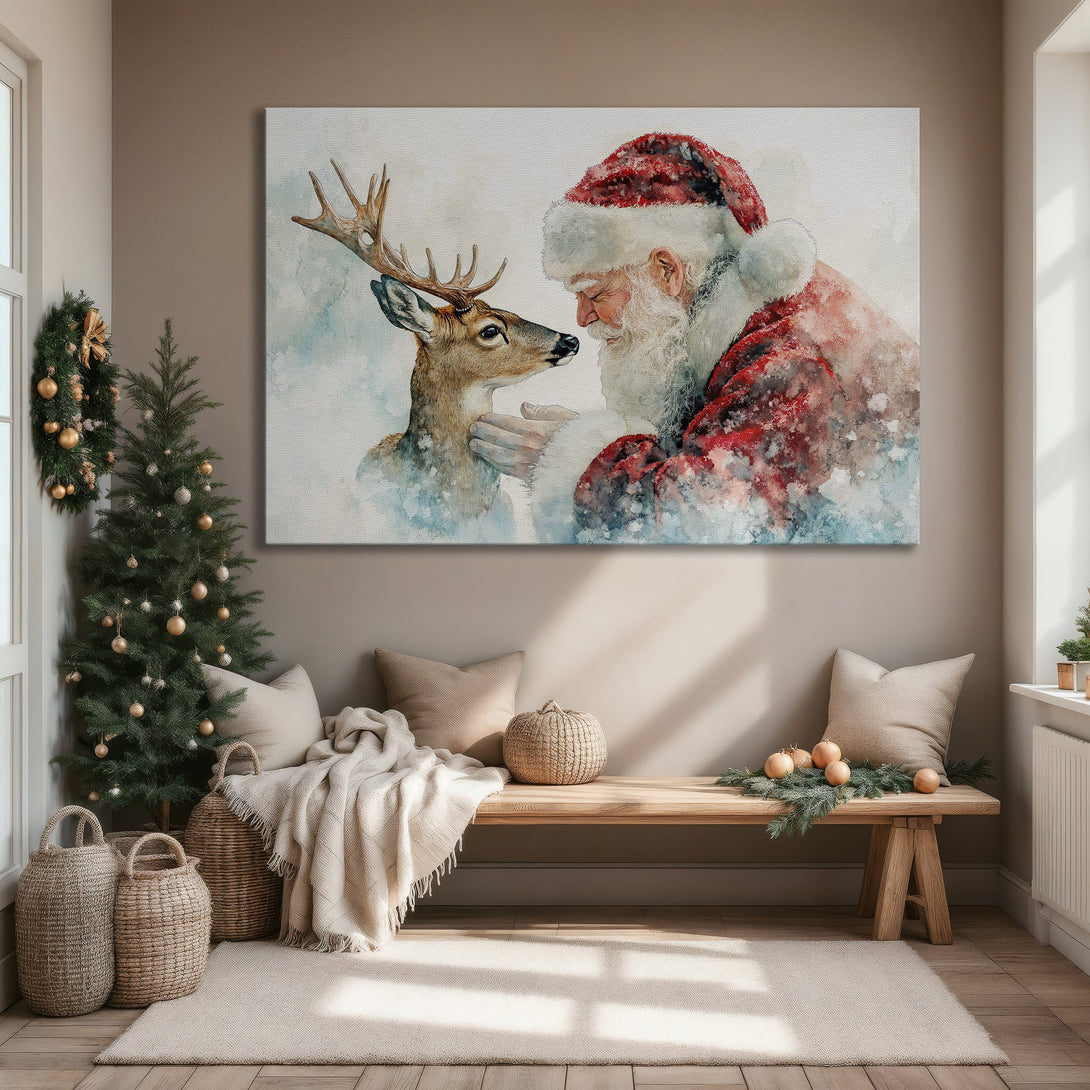 Framed Wall Art: Santa Claus and deer watercolor print in a modern interior. Features red, white, and blue hues, perfect for Christmas decor.
