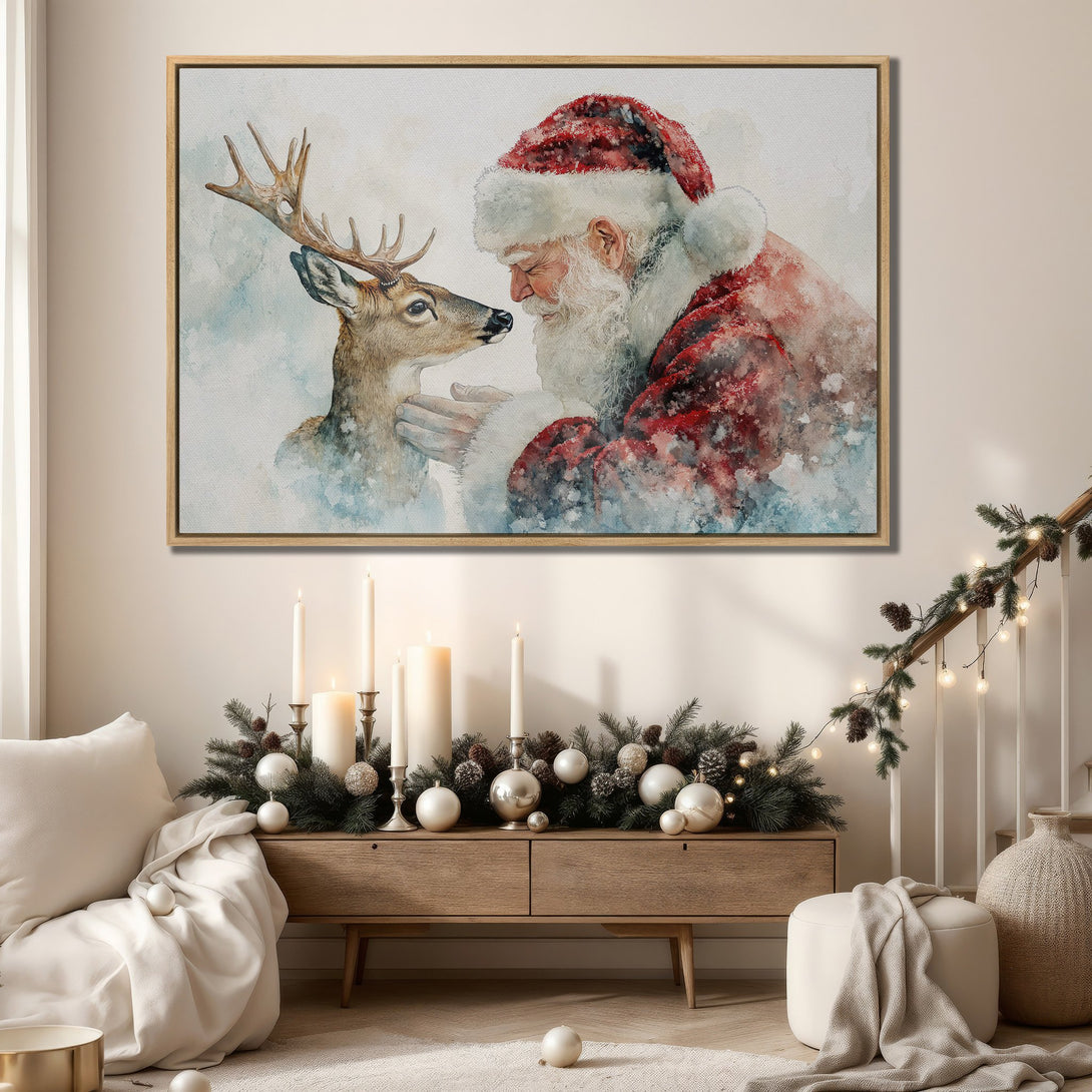Framed Wall Art of Santa Claus and a deer in a watercolor style with a red and blue color palette. Perfect for Christmas decor!