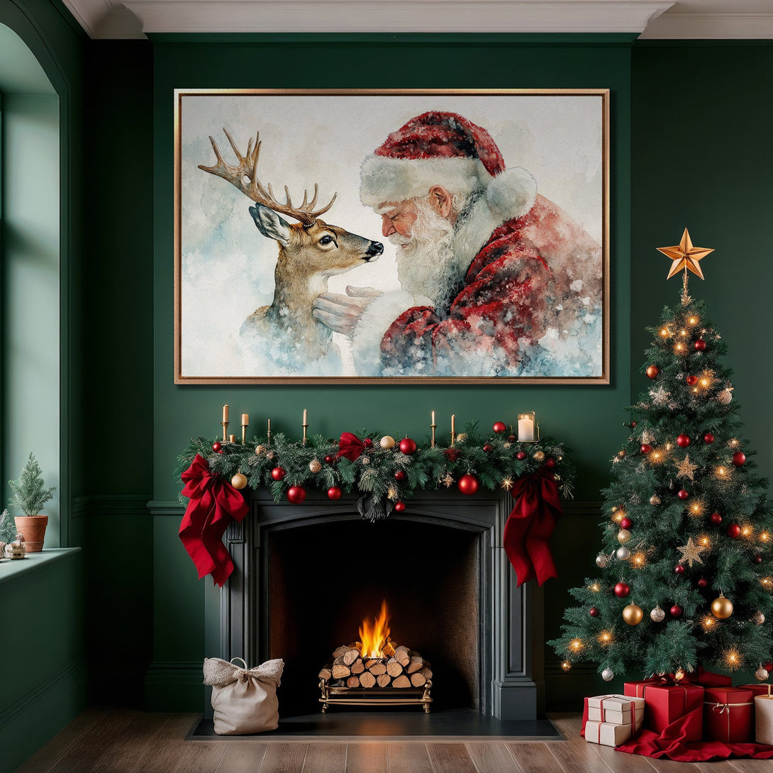 Framed Wall Art: Santa Claus and deer watercolor print in a cozy Christmas interior. Features a warm red, green, and gold color palette. Perfect holiday decor!