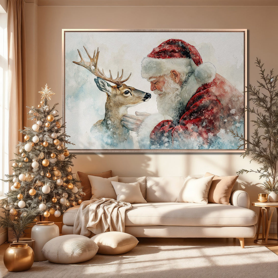 Framed Wall Art: Santa Claus and deer watercolor painting. Warm neutral color palette. Perfect Christmas decor for a cozy living room.