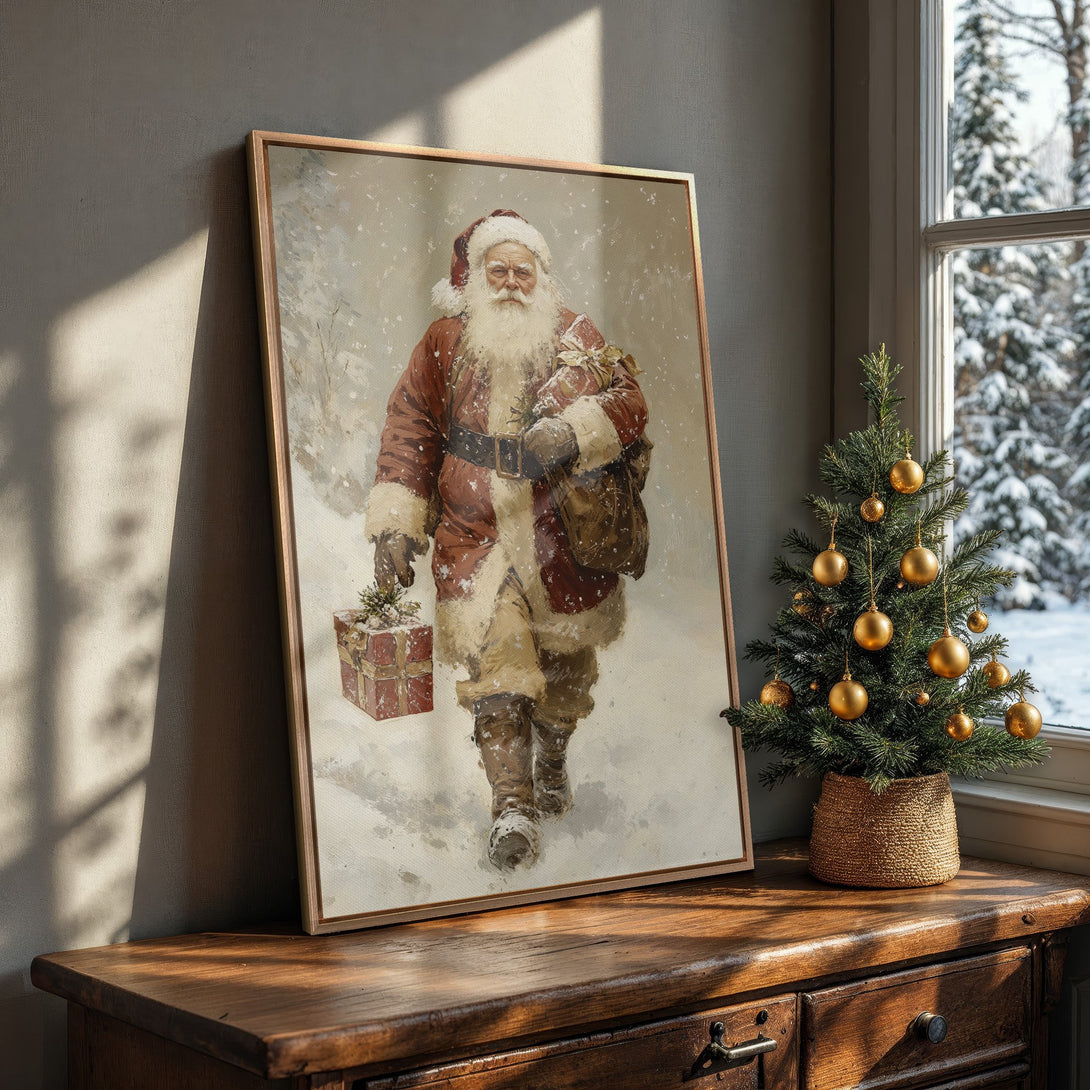 Framed Wall Art: Vintage Santa Claus painting in warm red and beige tones. Perfect Christmas decor for a cozy, inviting interior.