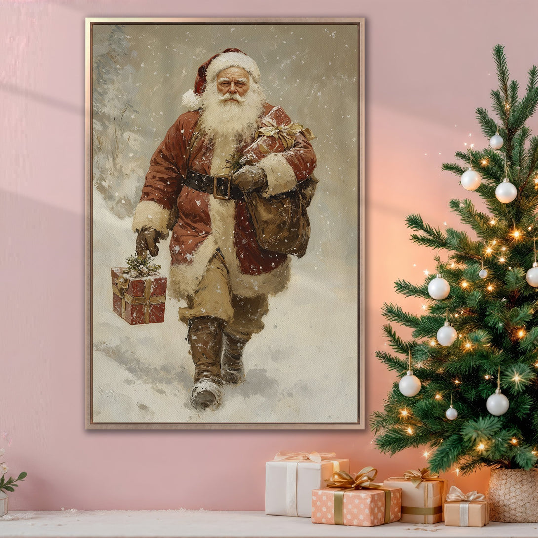 Framed Wall Art of Santa Claus in a snowy landscape. Vintage style with a warm, festive color palette. Perfect Christmas decor!