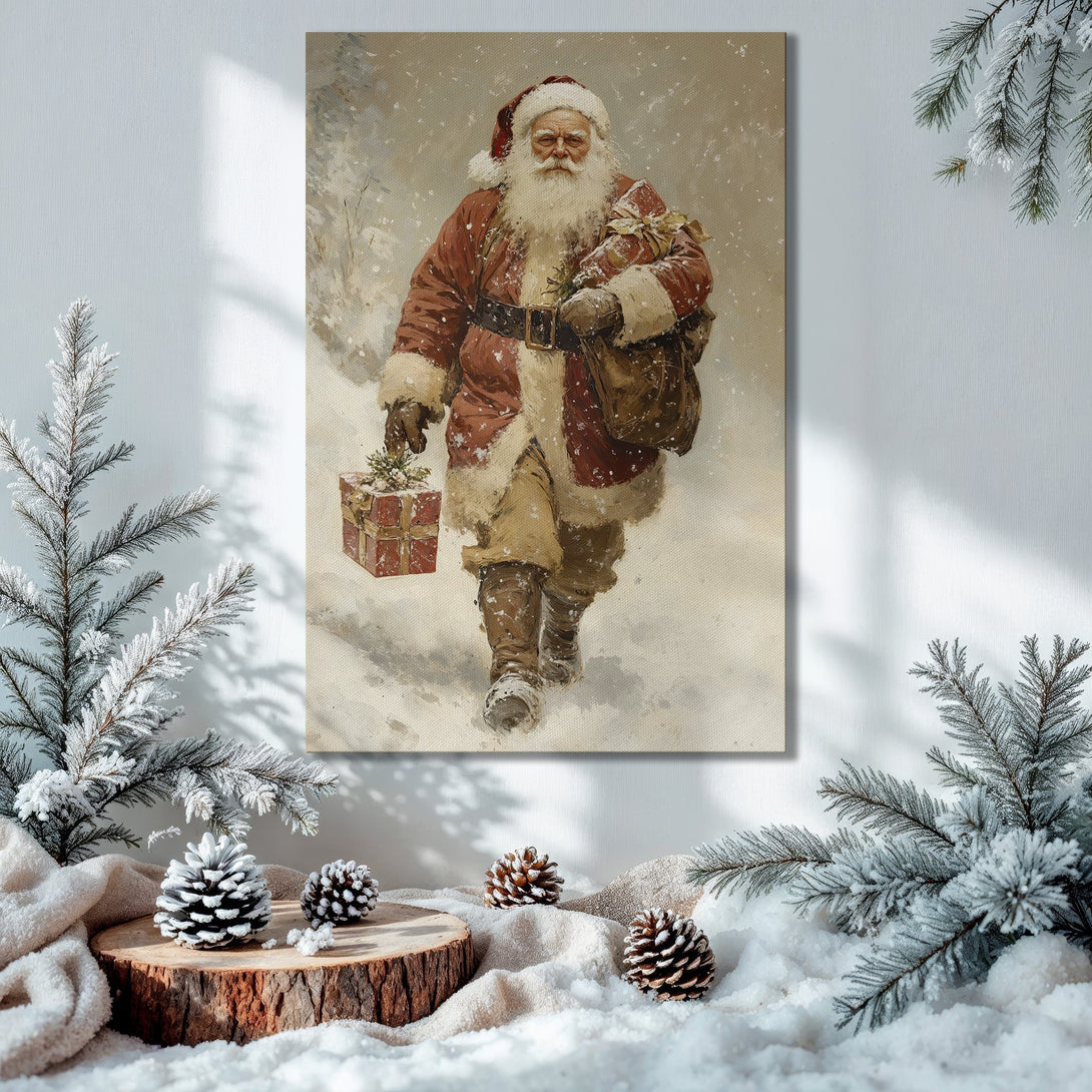 Framed Wall Art: Vintage Santa Claus painting in a cozy Christmas scene. Warm red, gold, and green color palette. Perfect holiday decor.