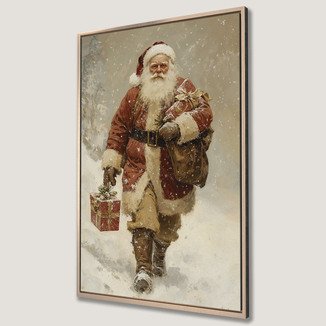 Framed Wall Art: Vintage Santa Claus painting in a winter scene. Warm red and brown tones create a cozy holiday atmosphere. Perfect Christmas decor!