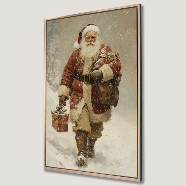 Framed Wall Art: Vintage Santa Claus painting in a winter scene. Warm red and brown tones create a cozy holiday atmosphere. Perfect Christmas decor!