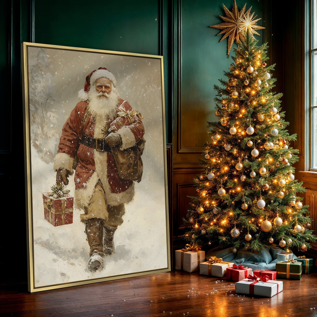 Canvas Print of Santa Claus in a snowy scene, vintage style with warm red and beige tones. Perfect Christmas wall art for a cozy home!