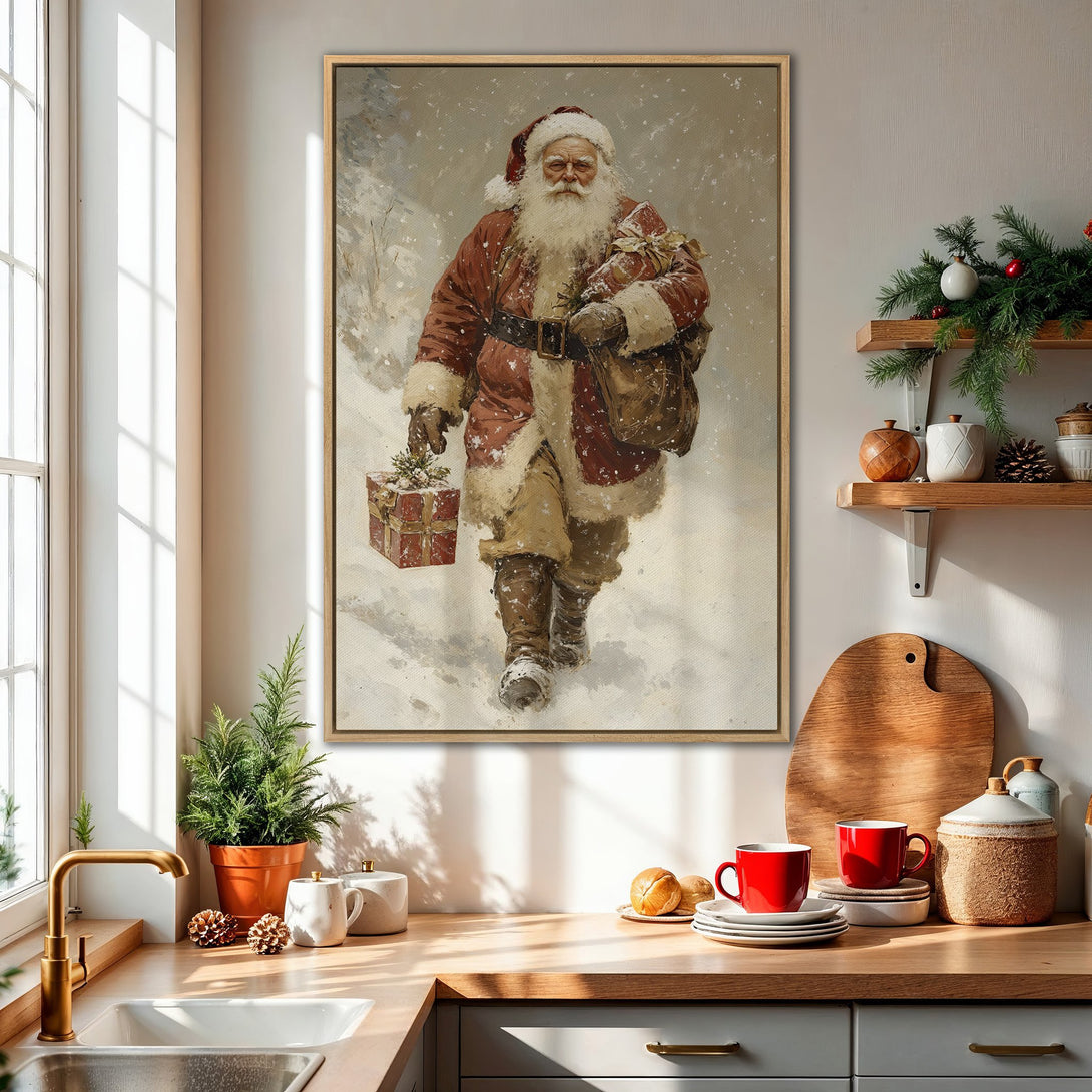 Framed Wall Art: Vintage Santa Claus Canvas Print in a cozy kitchen. Rustic style with a warm red and neutral color palette. Perfect Christmas decor!