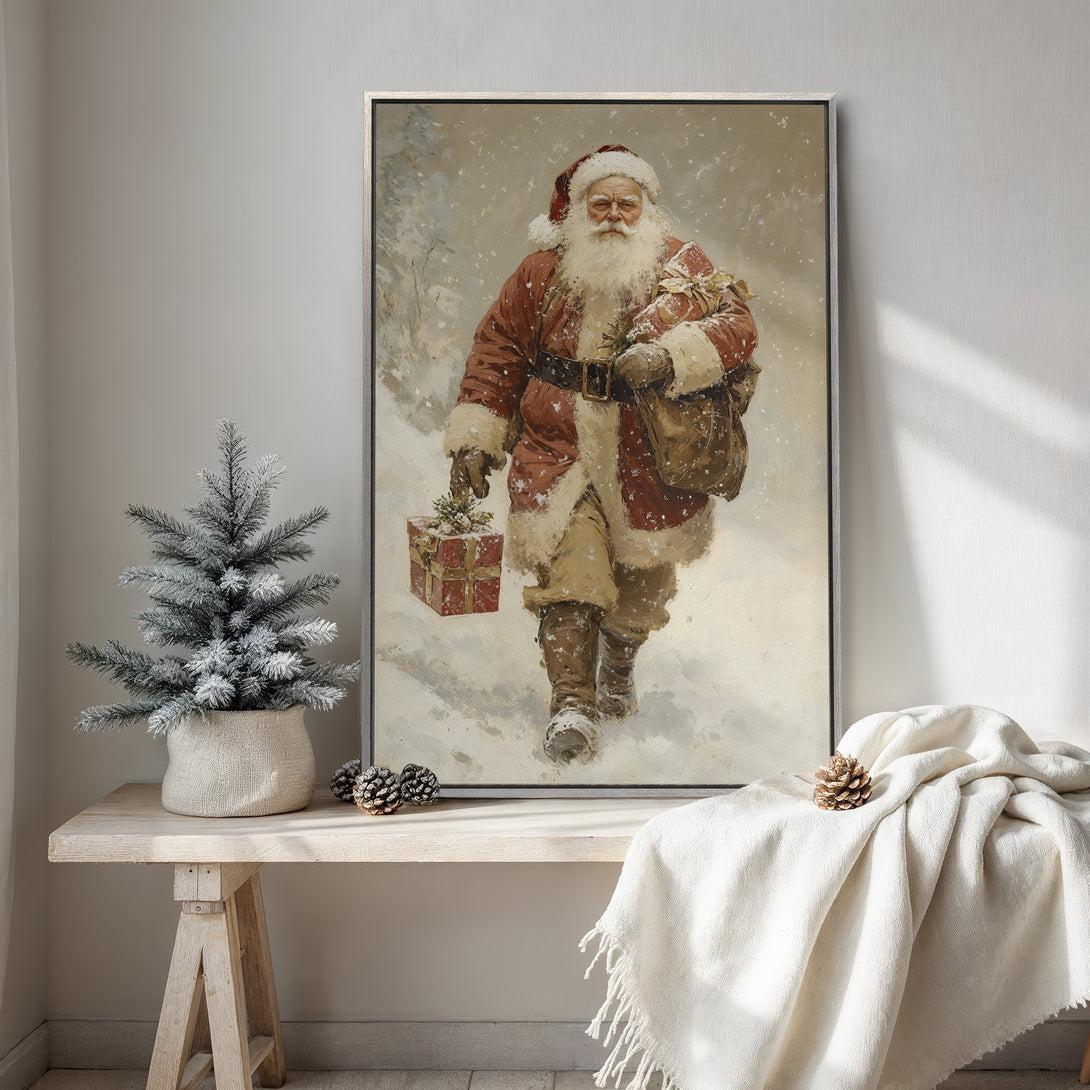 Framed Wall Art: Vintage Santa Claus painting in a snowy scene. Warm red & beige tones, classic style. Perfect Christmas decor.