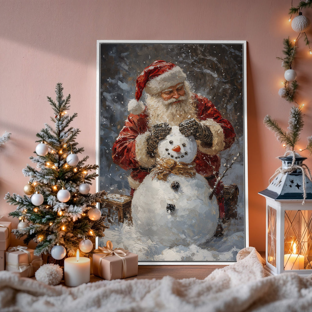 Framed Wall Art: Santa Claus building a snowman. Festive winter scene in a warm, cozy interior with a soft color palette of red, white, and gray. Perfect holiday decor!