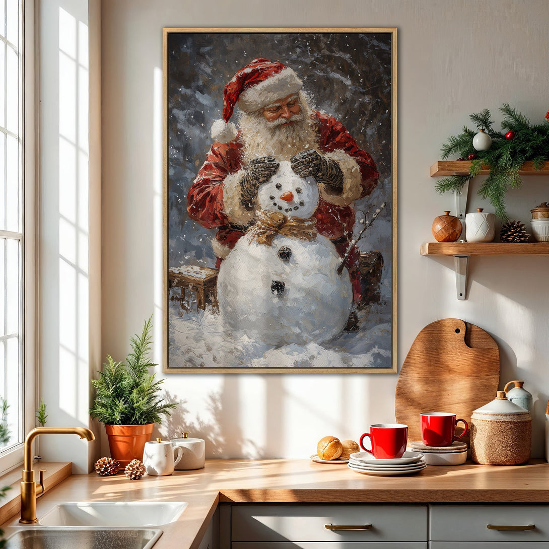 Framed Wall Art: Santa building a snowman, impressionist style. Warm red, white, and gray tones create a cozy Christmas scene for your home.