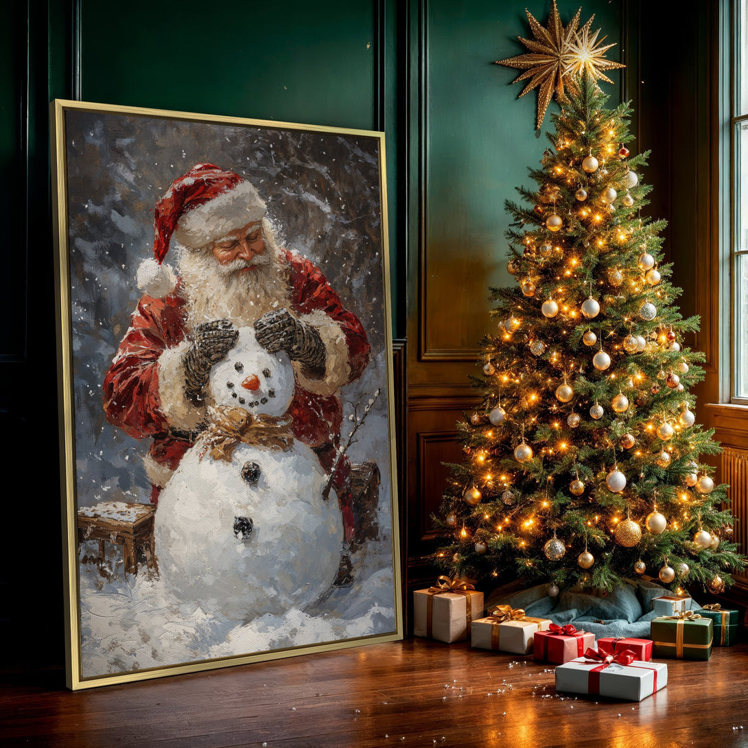 Canvas Print of Santa building a snowman, a charming winter scene with a warm, festive color palette. Perfect Christmas wall art!