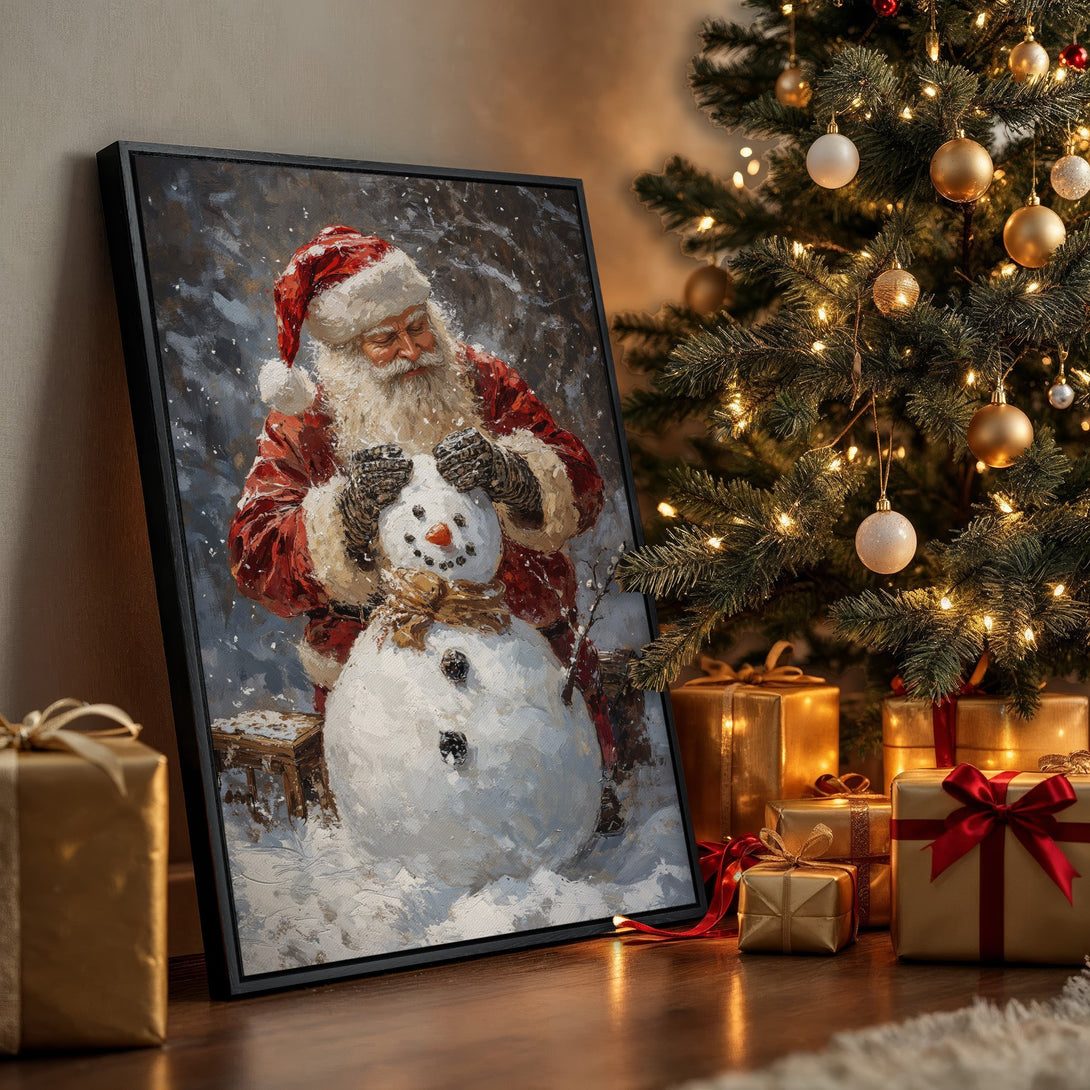 Framed Wall Art: Santa building a snowman, winter scene, warm red and blue tones. Perfect Christmas decor!
