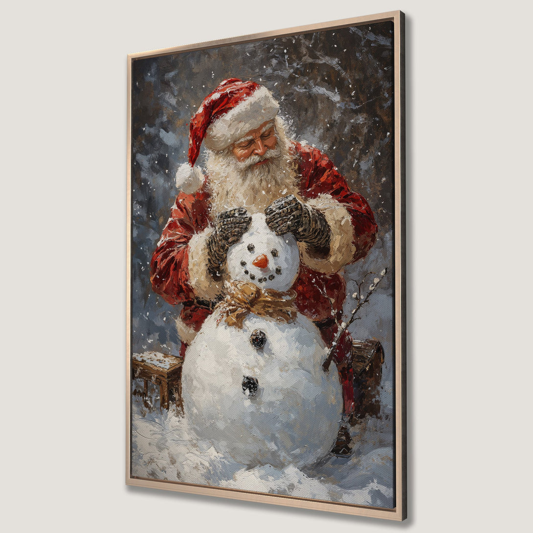 Framed Wall Art featuring Santa building a snowman in a winter scene. Warm red, white, and brown tones in a painterly style. Perfect holiday decor!