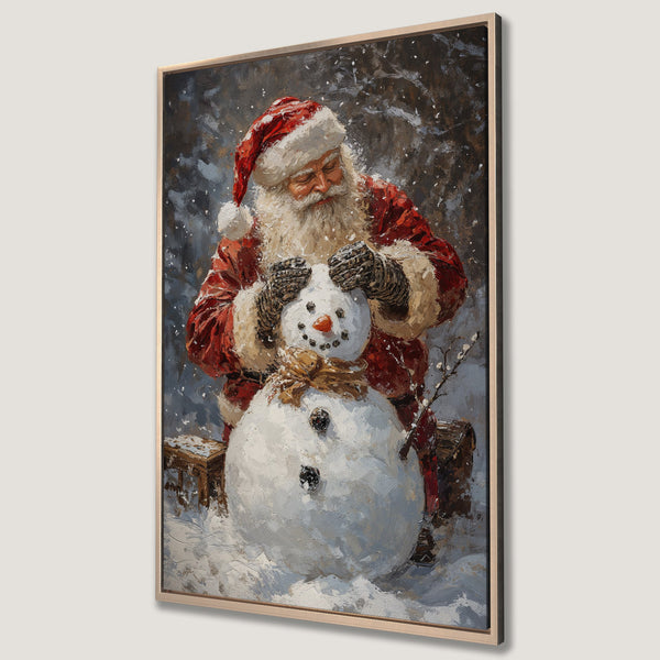 Framed Wall Art featuring Santa building a snowman in a winter scene. Warm red, white, and brown tones in a painterly style. Perfect holiday decor!