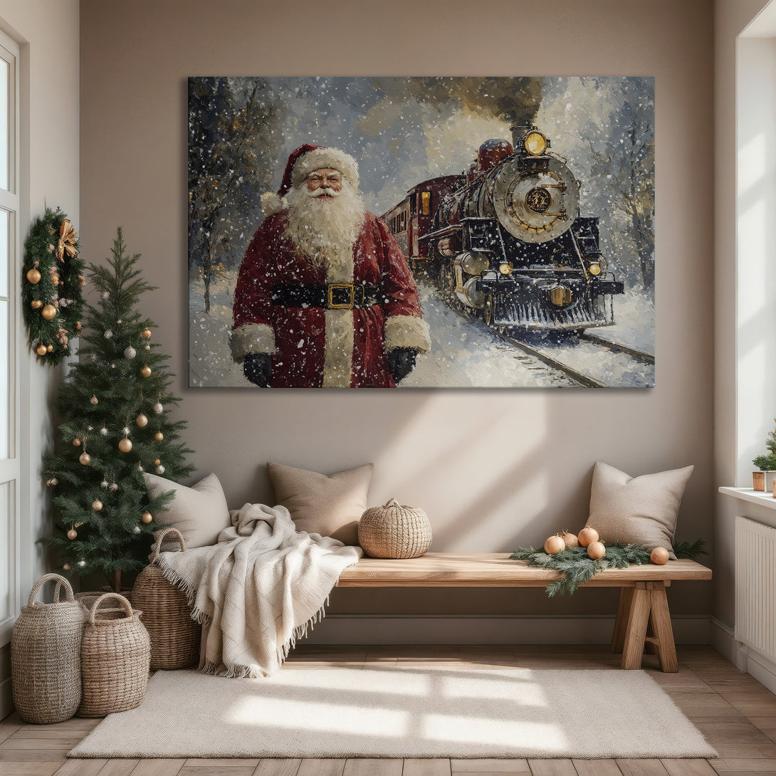 Framed Wall Art: Santa Claus & train in winter scene. Cozy holiday decor with red, gold, and snowy white palette. Perfect Christmas gift!