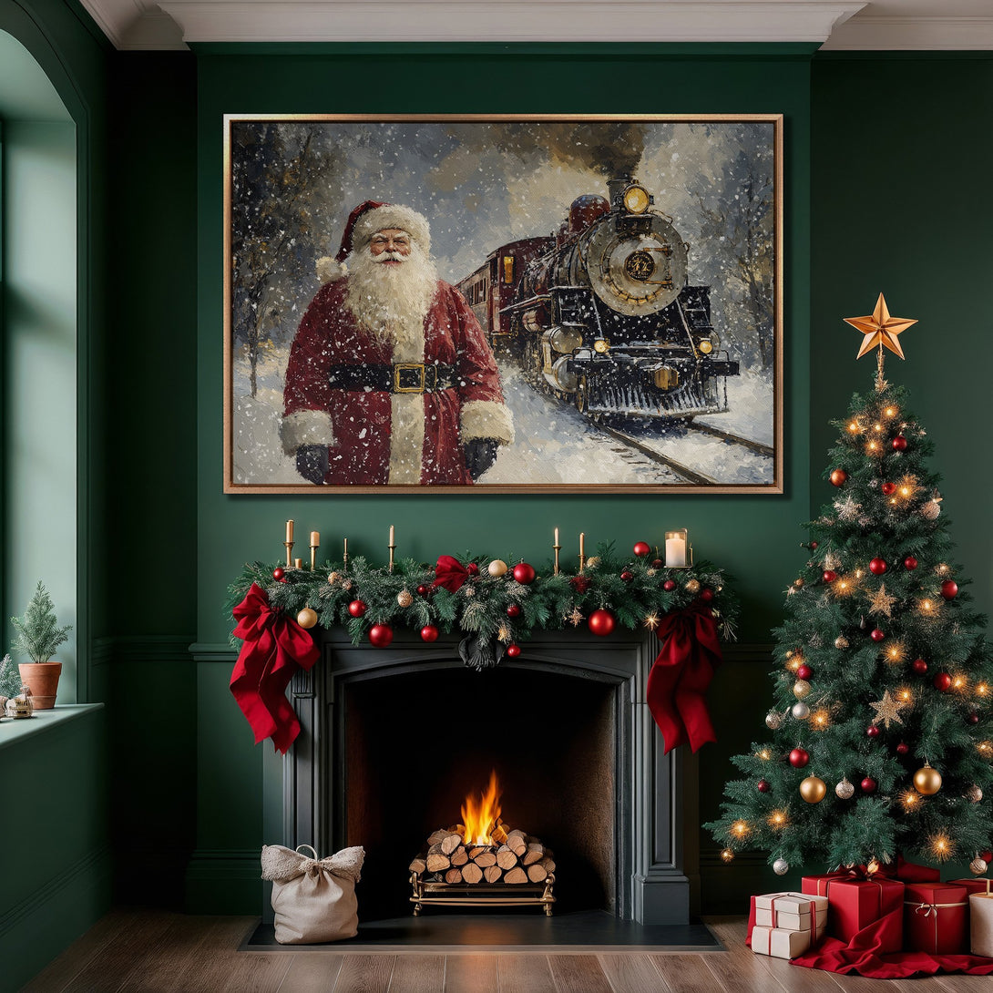 Framed Wall Art: Santa Claus & train in snowy landscape. Classic Christmas decor, rich red & green palette. Perfect holiday gift!