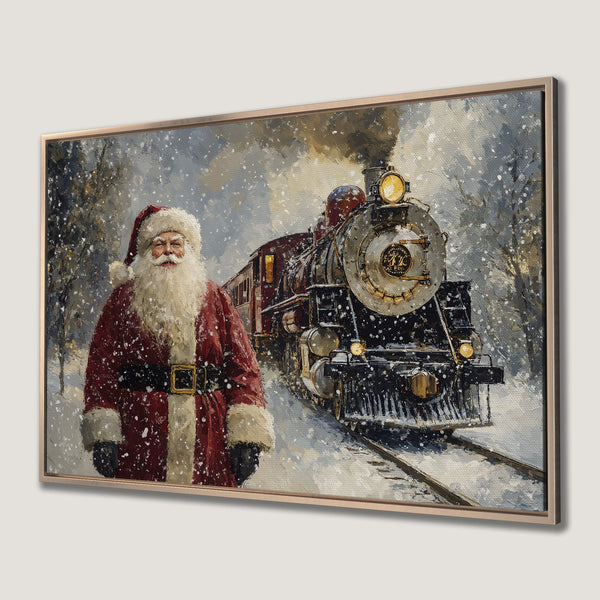 Framed Wall Art: Santa Claus & train in a snowy scene. Festive oil painting style with red, white, and gray tones. Perfect Christmas decor.