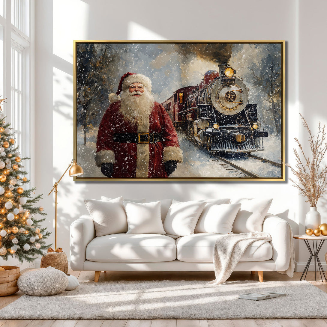 Canvas Print featuring Santa Claus and a train in a snowy landscape, perfect for Christmas decor. Warm, inviting color palette adds cozy charm.