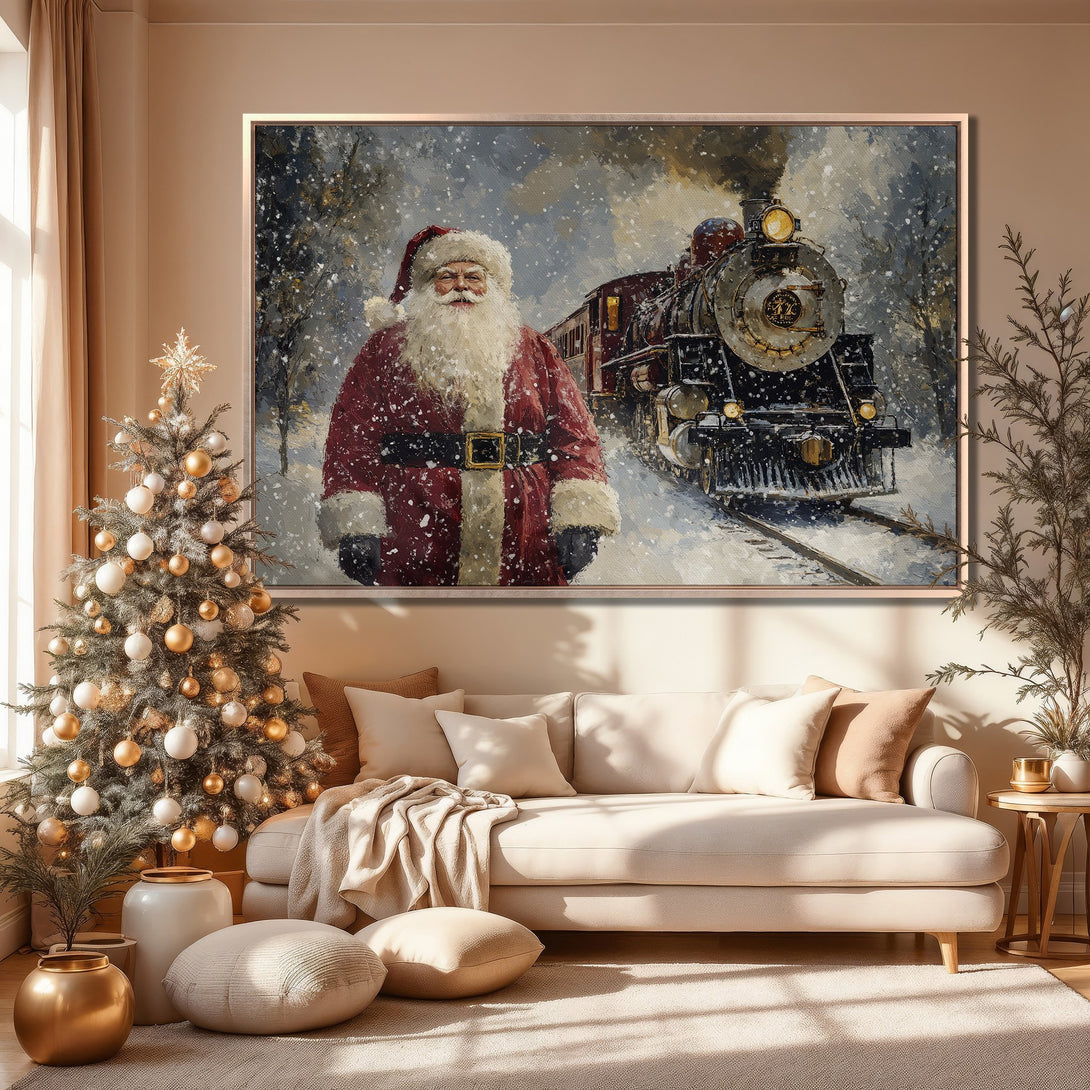 Framed Wall Art: Santa Claus & train in winter scene. Warm, inviting colors. Perfect holiday decor for a cozy, stylish home.