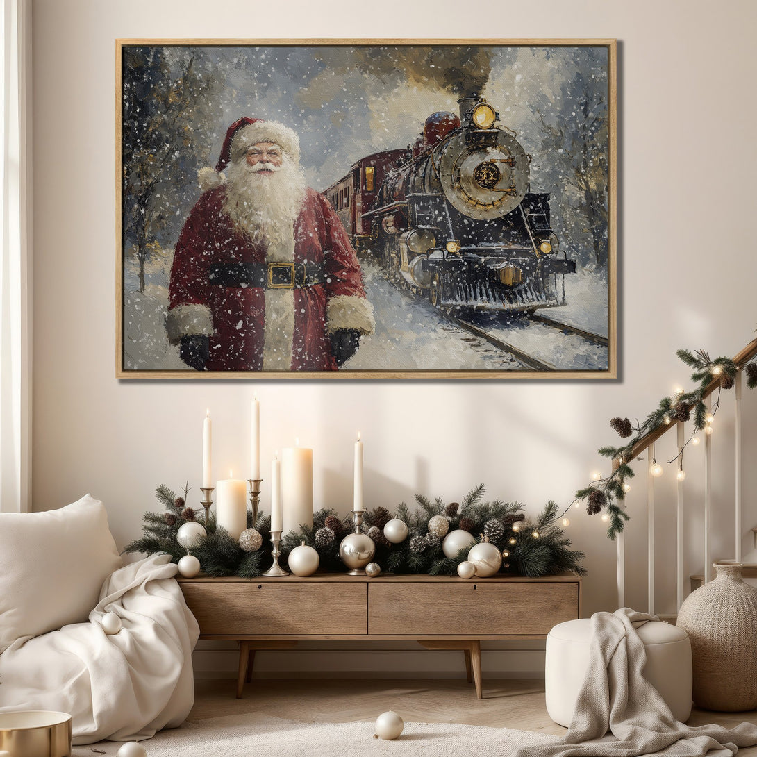 Framed Wall Art: Santa Claus & train in winter scene. Vintage style painting with red, gray, and white color palette. Perfect Christmas decor!