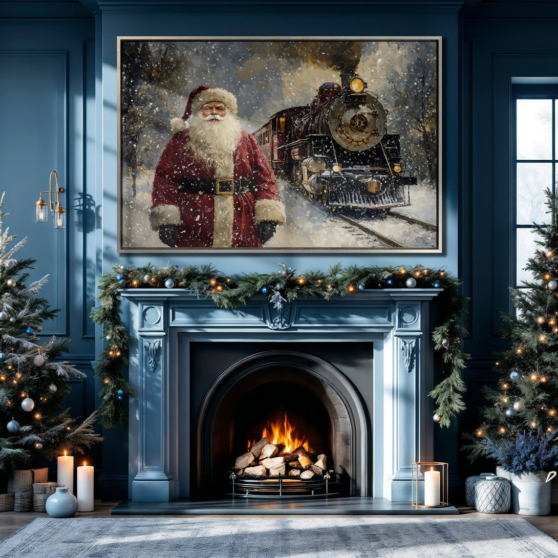 Framed Wall Art: Santa Claus & train canvas print in a cozy blue interior. Festive holiday decor with warm red, gray, and blue tones. Perfect Christmas gift!