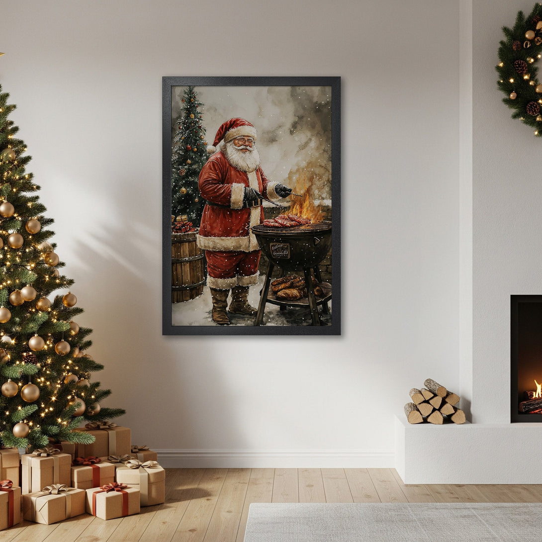 Framed Poster featuring Santa grilling, watercolor style, warm red & brown palette, perfect Christmas decor.