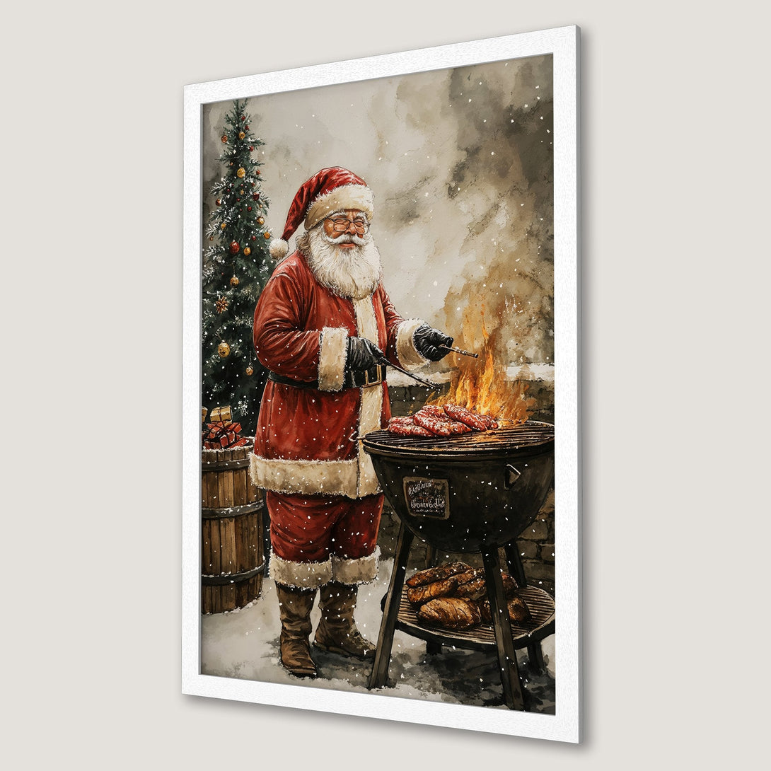 Framed Poster featuring Santa grilling, watercolor style, warm red & brown hues. Perfect Christmas decor!