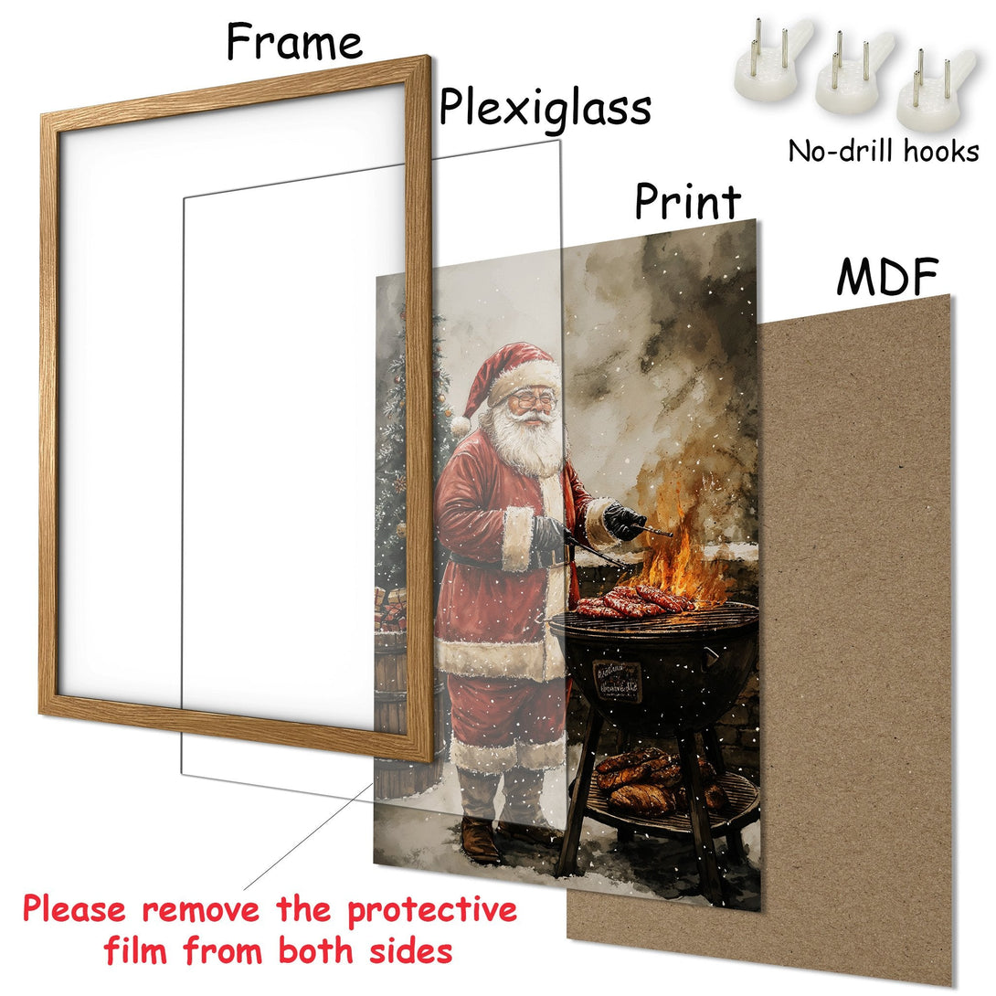 Framed Poster featuring Santa grilling, watercolor style, warm red & brown tones. Perfect Christmas decor!