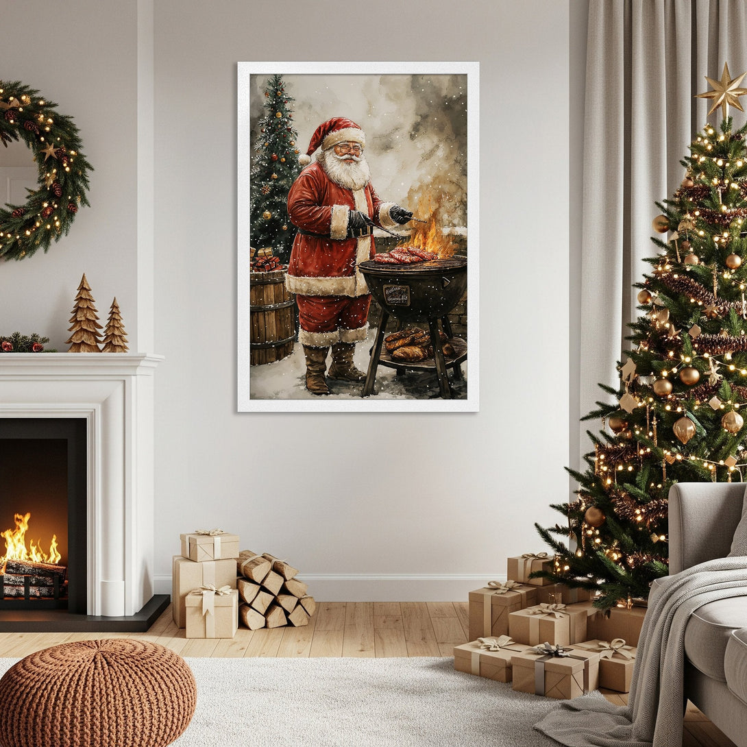 Framed Poster featuring Santa grilling, warm colors, cozy Christmas decor. Perfect holiday art!
