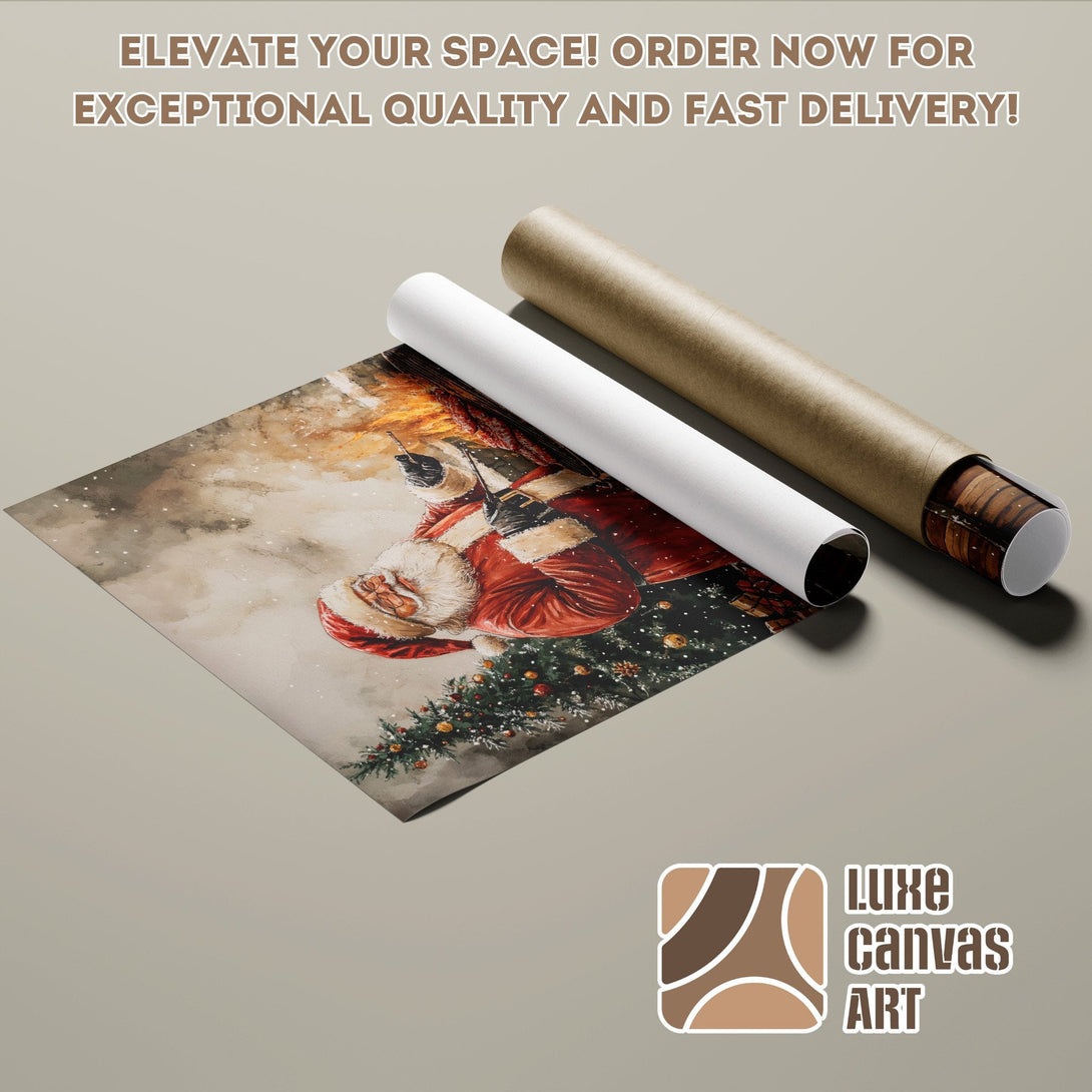 Santa Claus Poster Roll, watercolor style, warm red & brown palette. Order now for fast delivery!