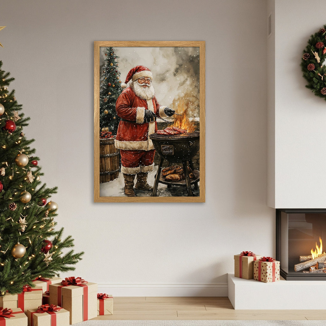 Framed Poster of Santa grilling, watercolor style, festive red and warm tones, perfect Christmas decor.