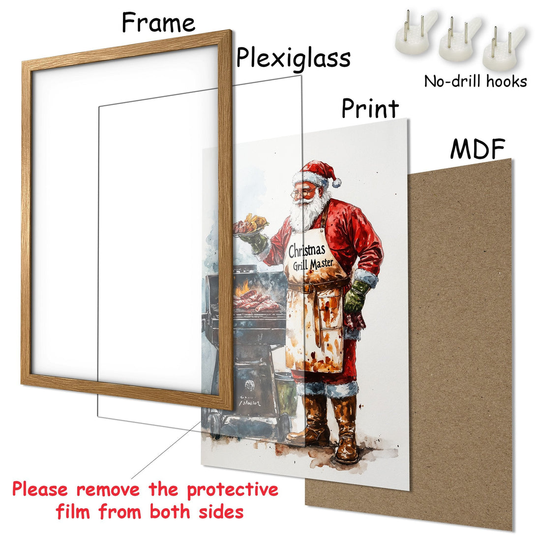 Framed Poster featuring Santa grilling in watercolor style with red & brown tones. Perfect Christmas decor!