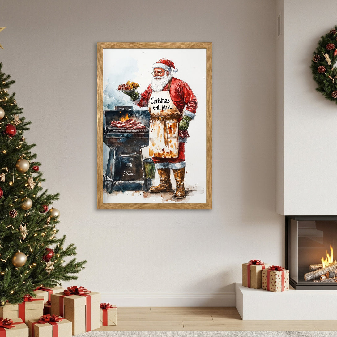 Framed Poster featuring Santa grilling, watercolor style, with red and beige tones, perfect Christmas decor.