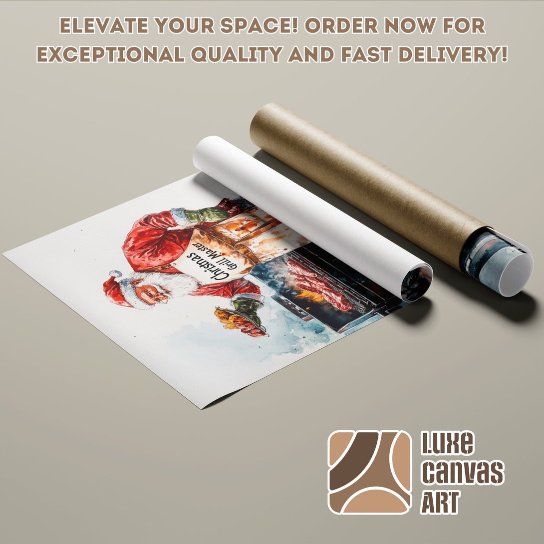 Christmas Grill Master Poster Roll, watercolor style, red & blue palette. Elevate your space!