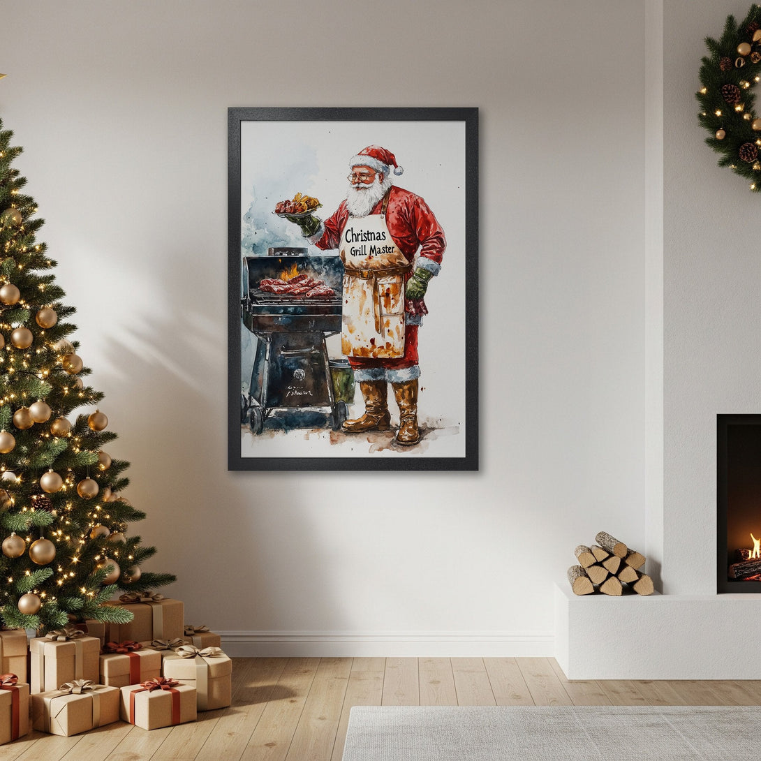 Framed Poster featuring Santa as a Christmas Grill Master, watercolor style, red and white palette, perfect holiday decor.