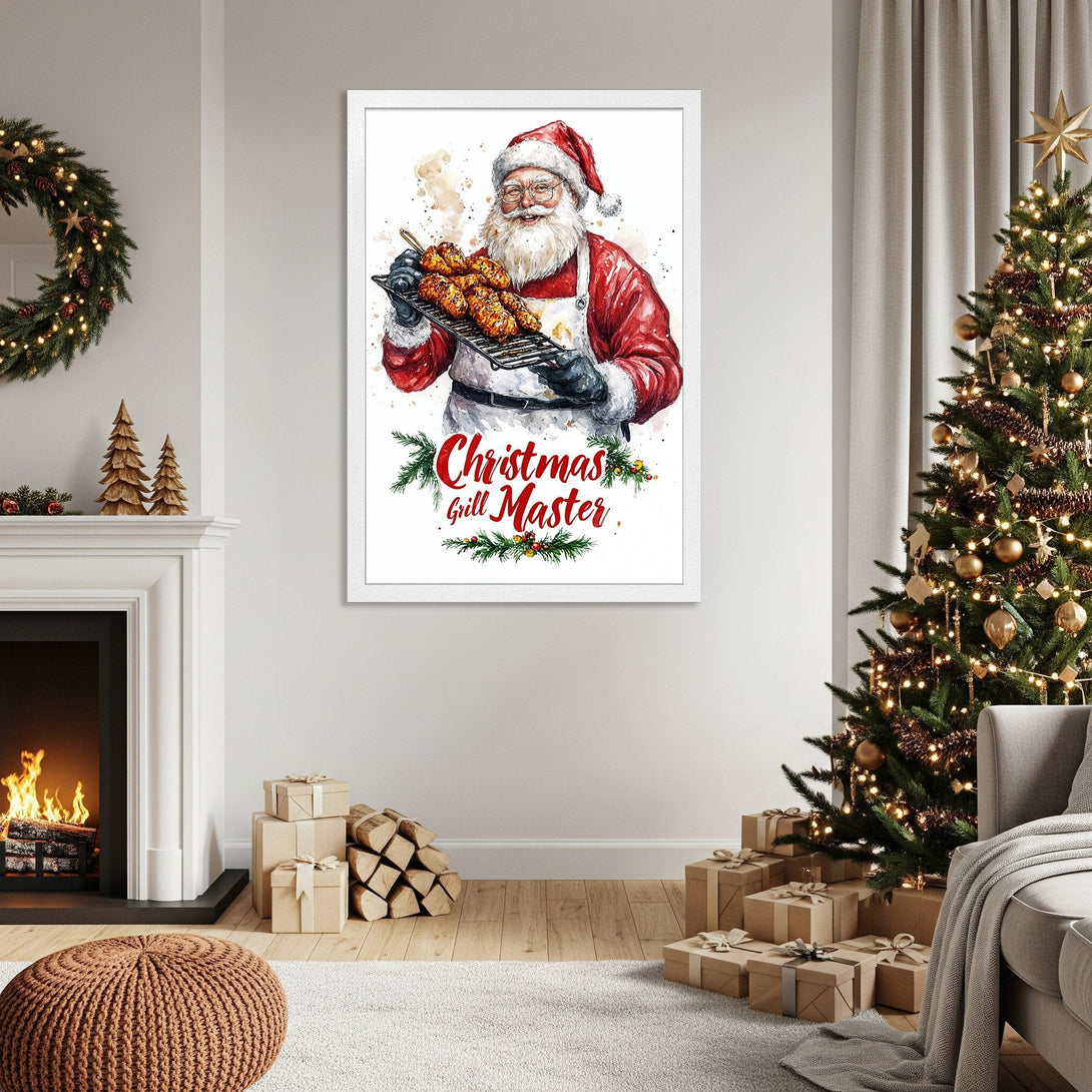 Framed Poster featuring Santa grilling, watercolor style, red & white Christmas theme. Perfect holiday decor!