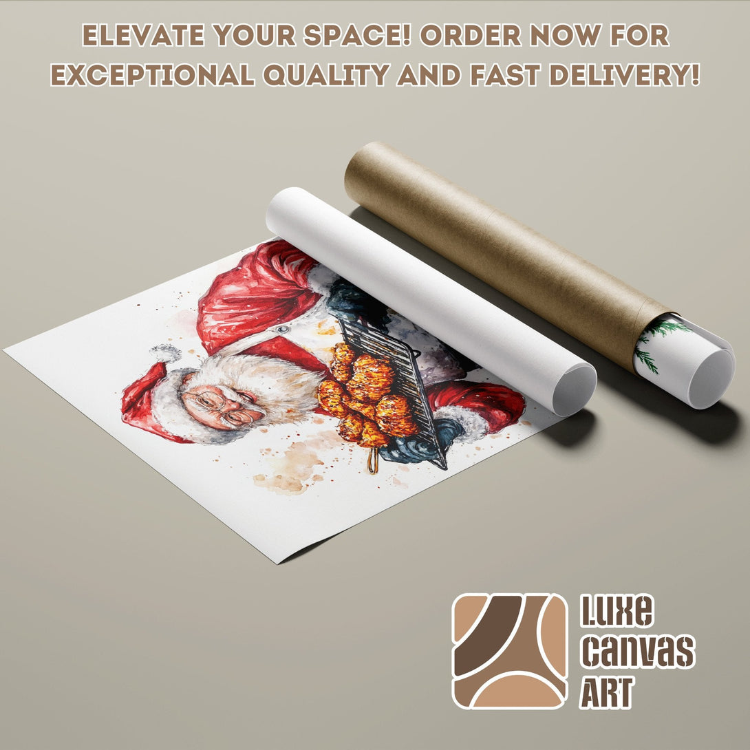 Watercolor Santa Claus Poster Roll, warm red, white & brown palette, perfect for holiday decor.