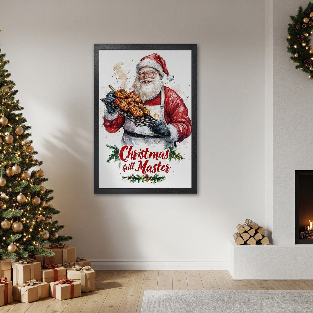 Framed Poster featuring Santa as a Christmas Grill Master, watercolor style, red & white palette. Perfect holiday decor!