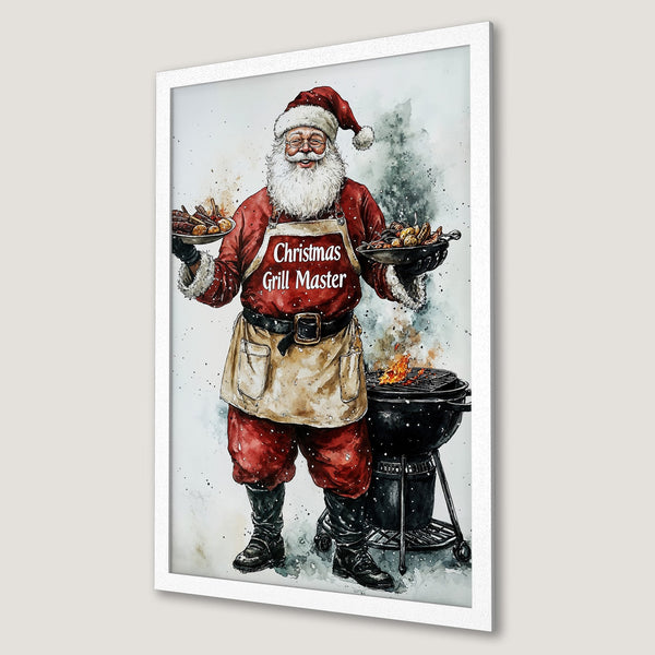 Framed Poster featuring Santa as a Christmas Grill Master, watercolor style, red & white color palette. Perfect holiday decor!