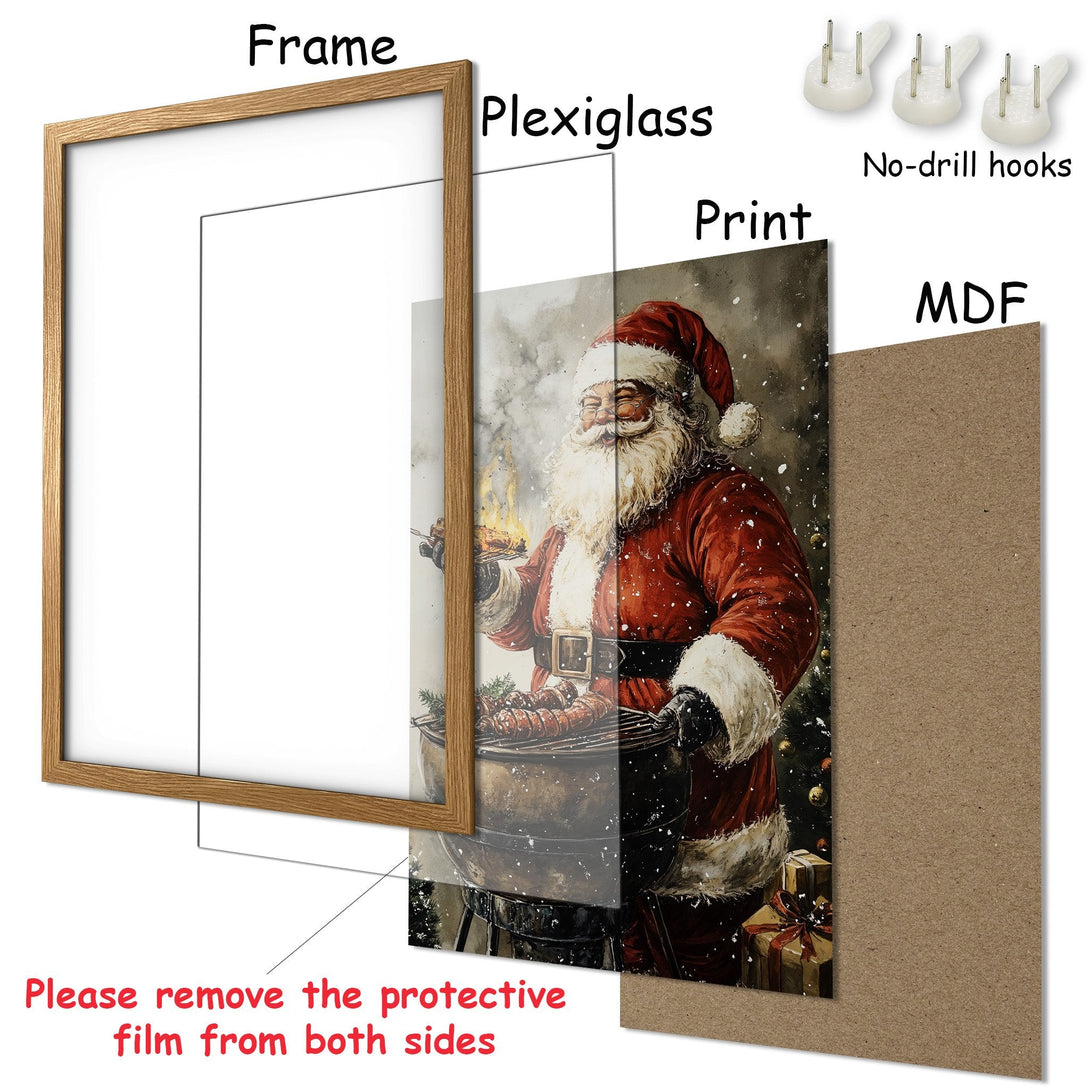 Framed Poster featuring Santa grilling, warm red & brown tones, perfect Christmas decor!