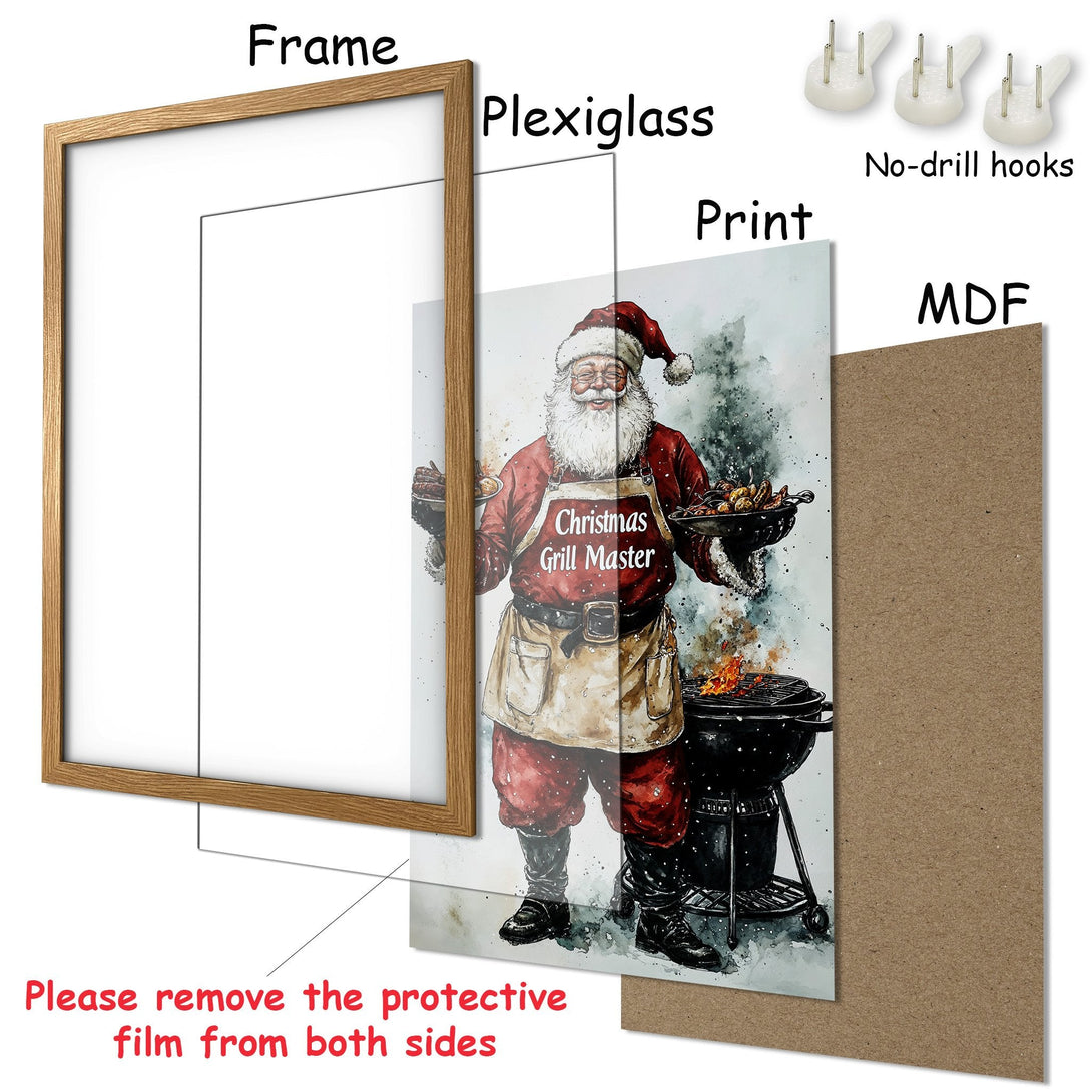 Framed Poster featuring Santa as a Christmas Grill Master, watercolor style, warm red & neutral tones. Perfect holiday decor!