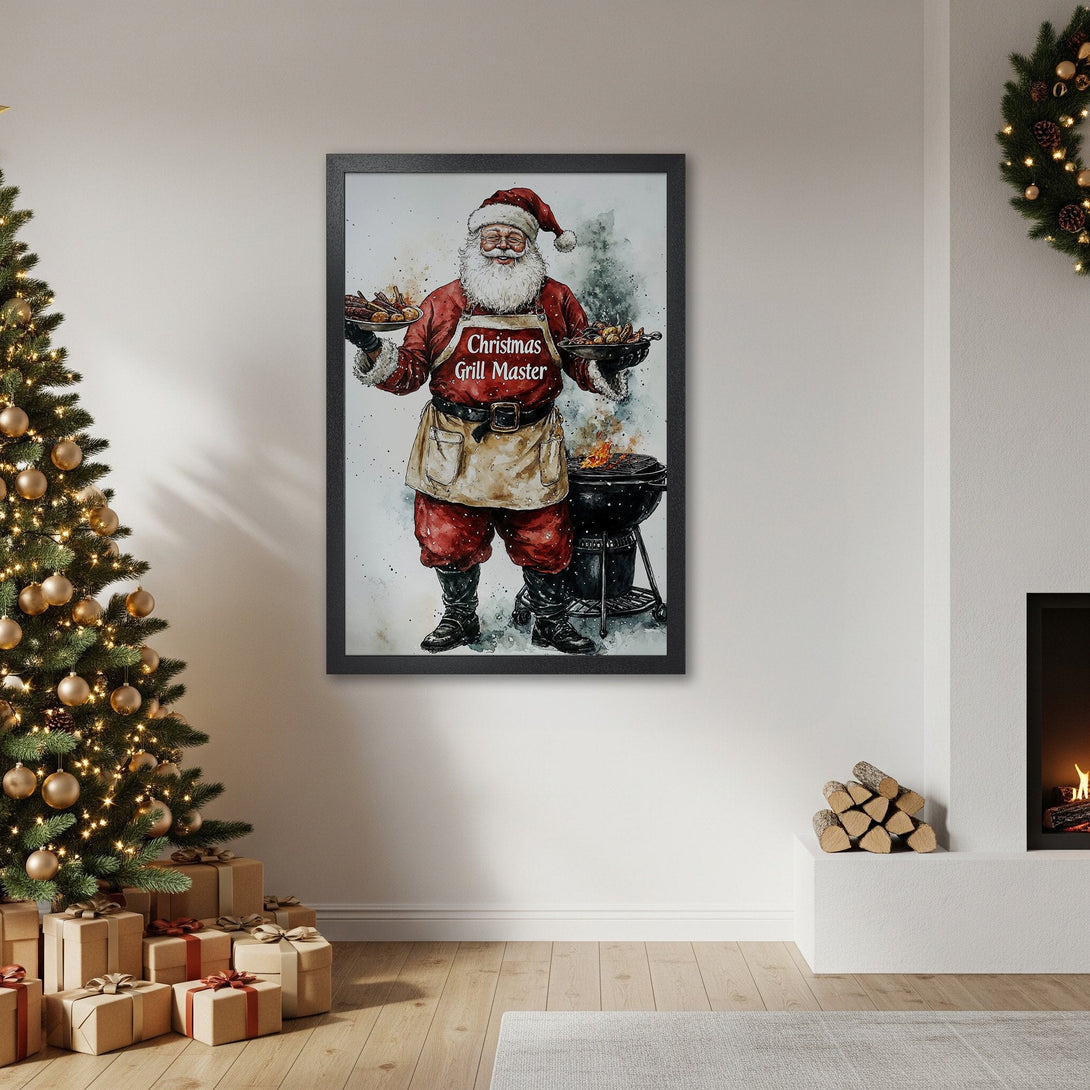 Framed Poster featuring Santa as a Christmas Grill Master. Watercolor style with red and black color palette. Perfect holiday decor!