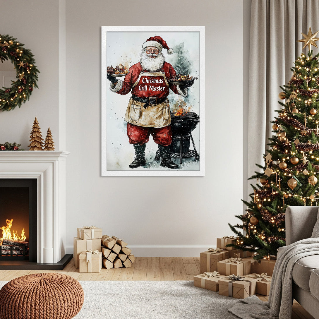 Framed Poster of Santa grilling, watercolor style, red & white Christmas decor. Perfect holiday gift!